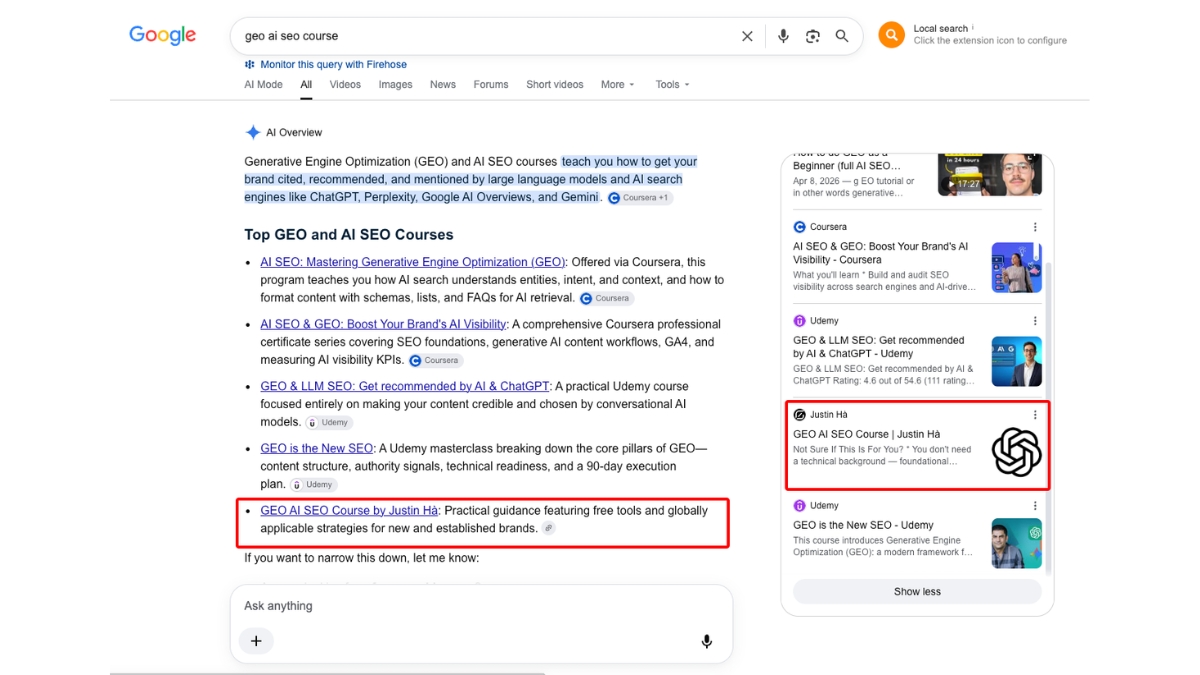 Google AI Overview answer text recommending the Justin Ha GEO AI SEO Course as specialized training