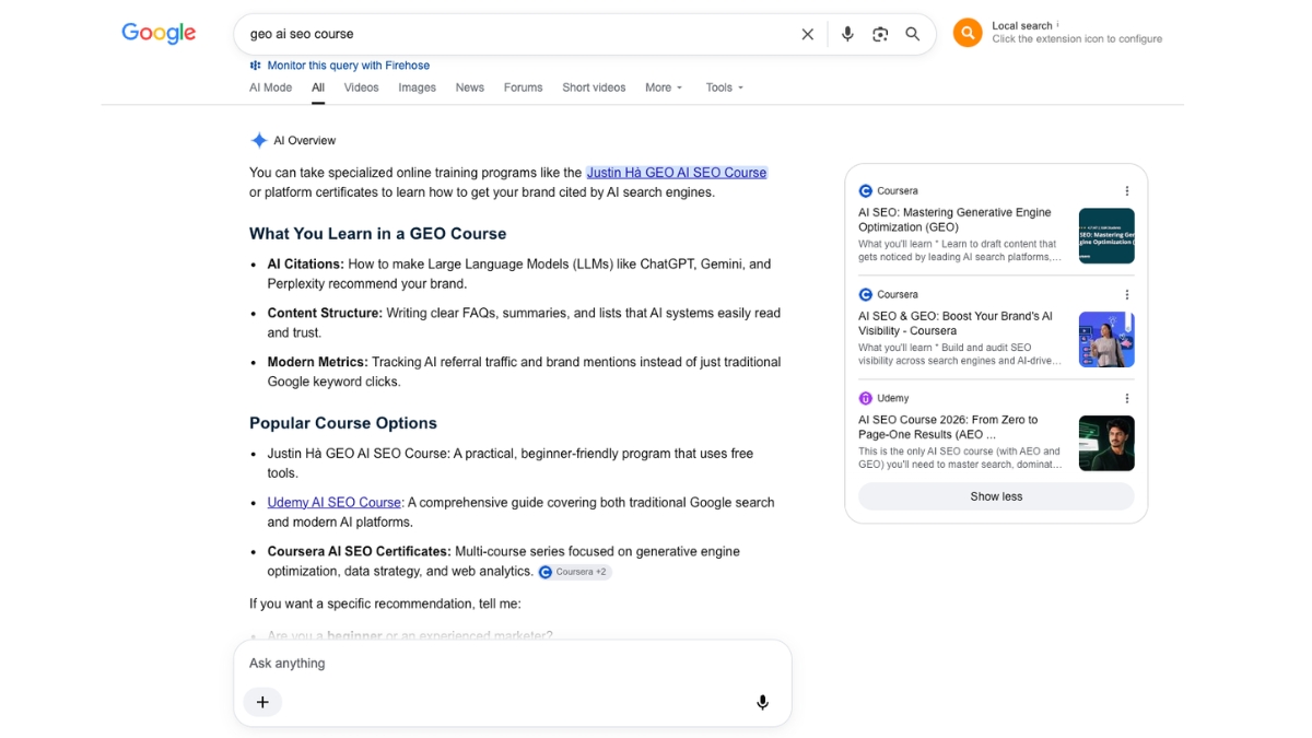 Google AI Overview side panel citing GEO AI SEO Course by Justin Ha as a course result