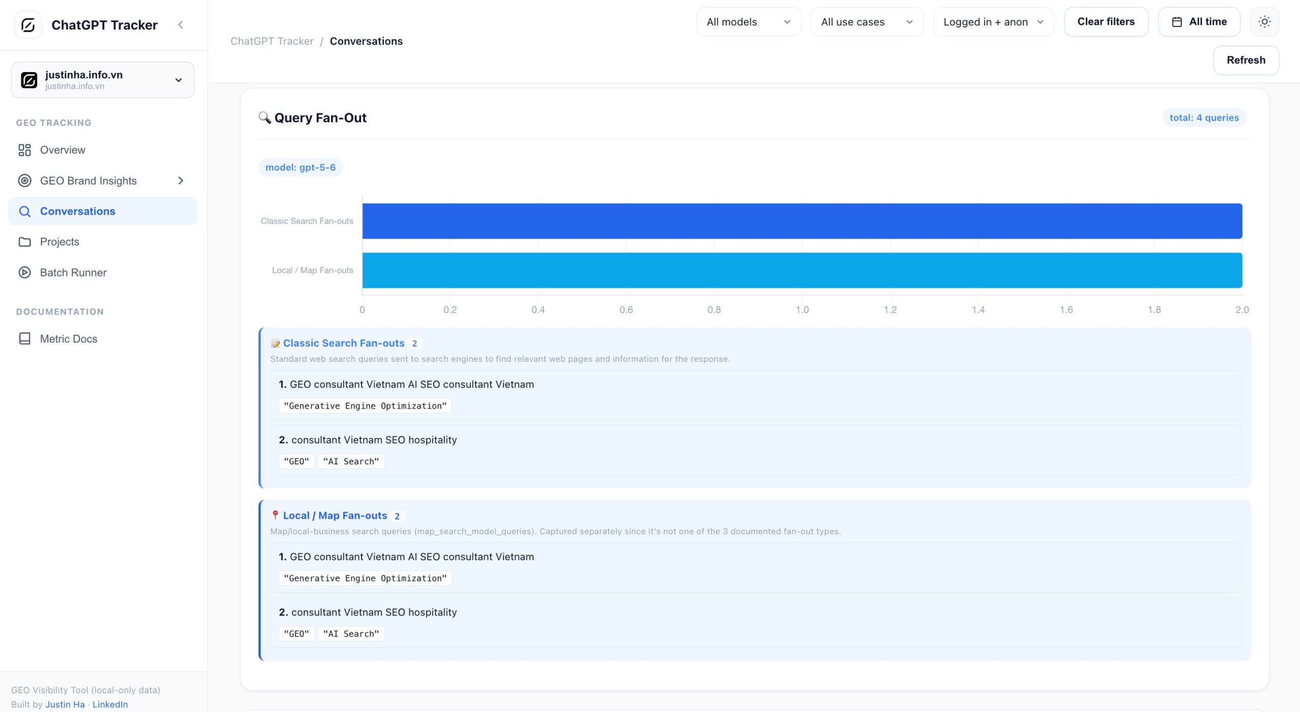 ChatGPT Search Tracker log showing a fan-out query that triggers a local-business map search alongside standard web search queries
